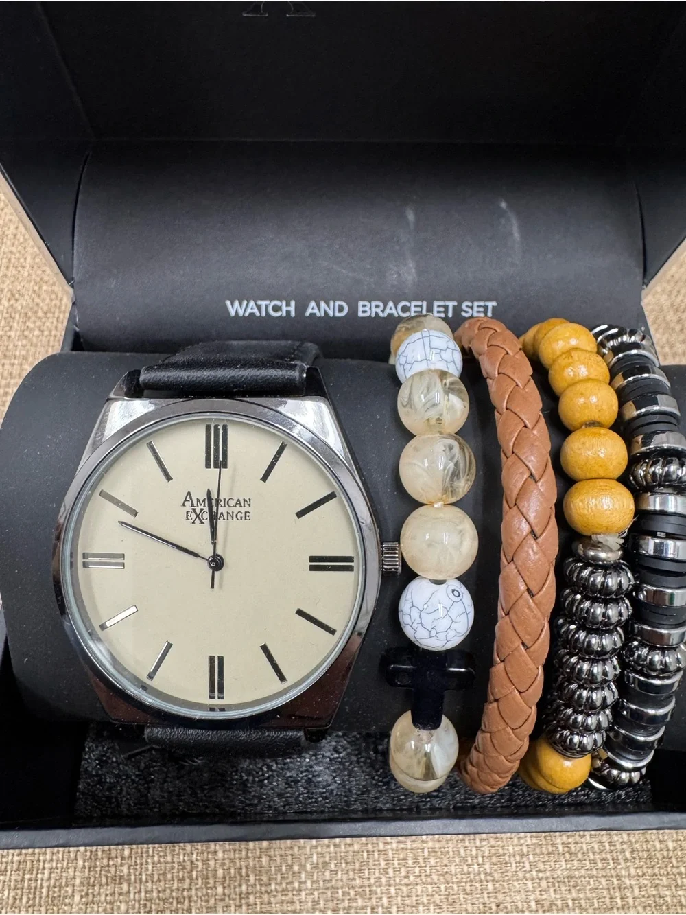 American Exchange Watch & Bracelet Set, Black Strap, Braided Cross, Wood